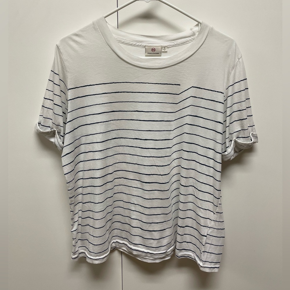Adriano Goldschmied Women’s T-shirt, white w black stripes, Size Medium